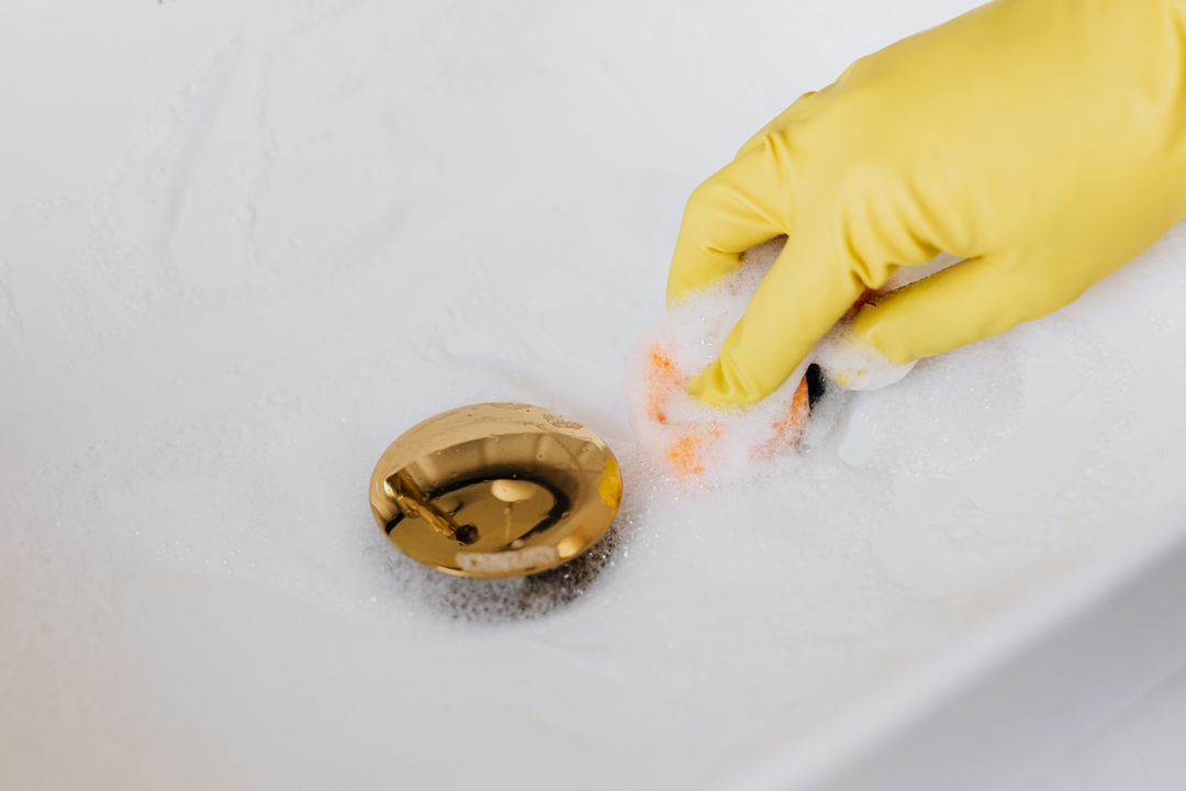 Limpieza manual de un desagüe con jabón y guantes