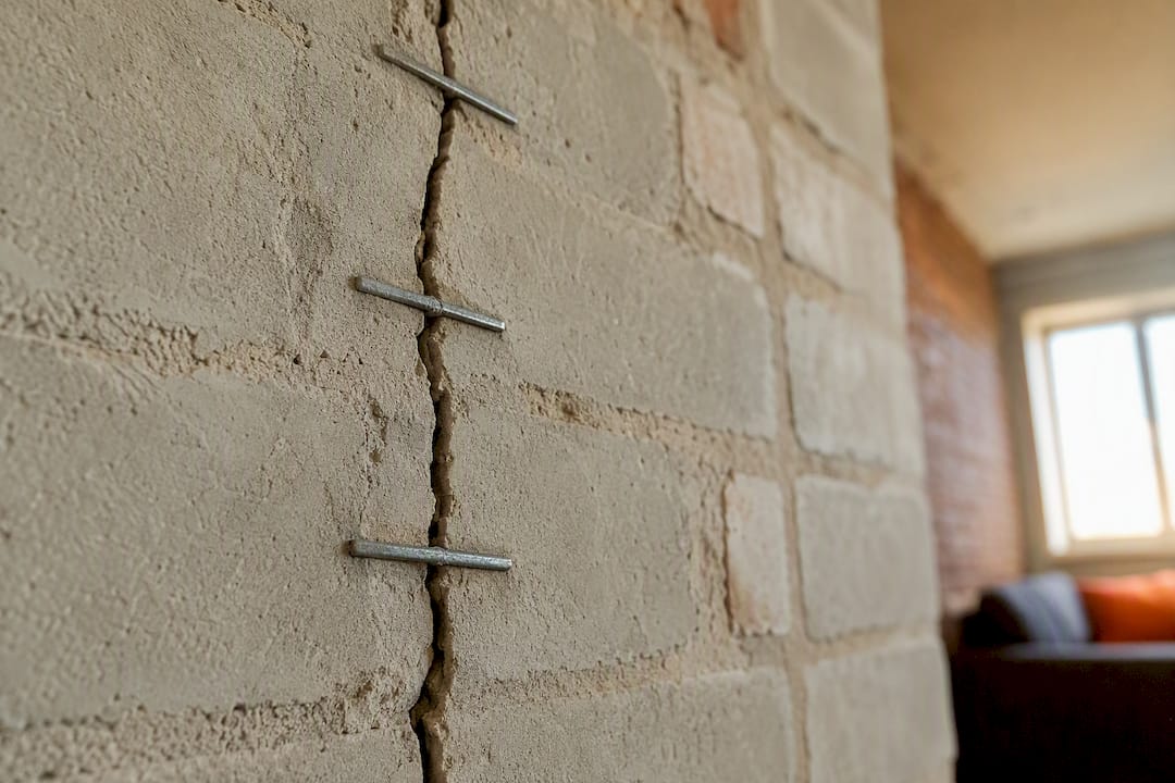 Grapas metálicas reparando una grieta estructural en la pared