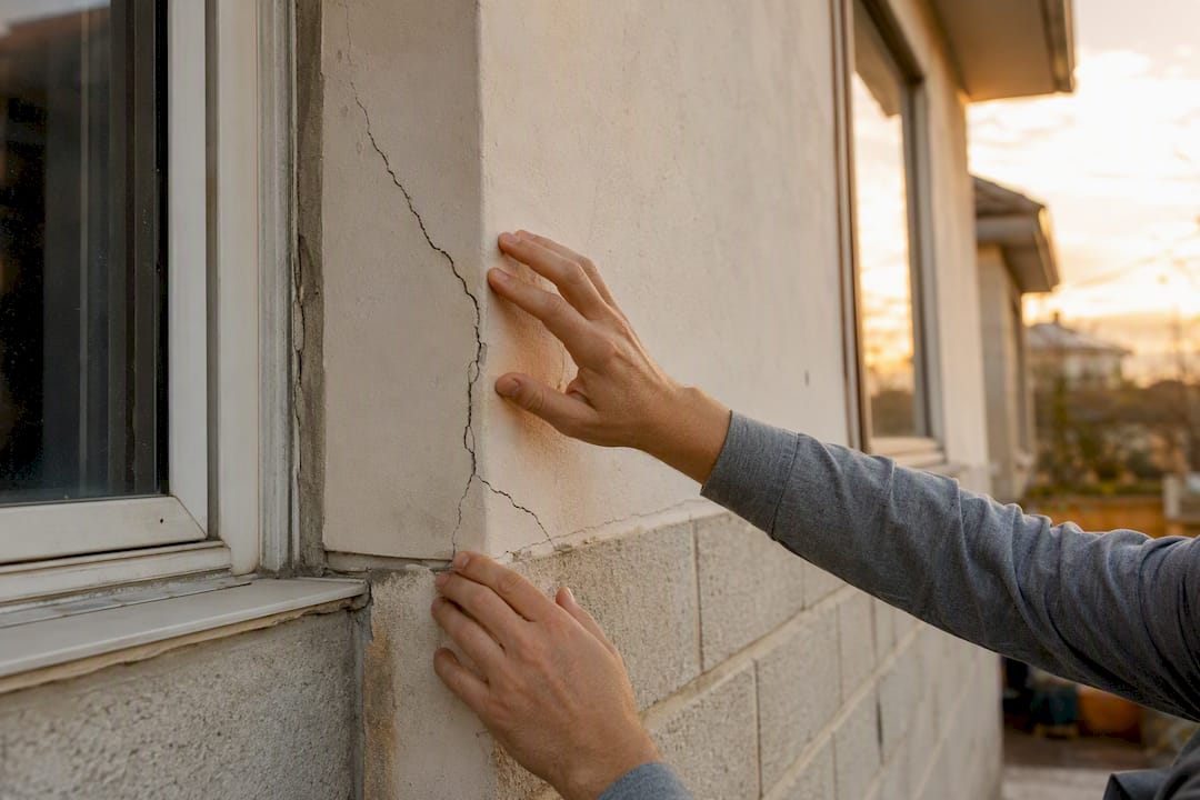 Inspección detallada de grietas diagonales en la esquina de una pared