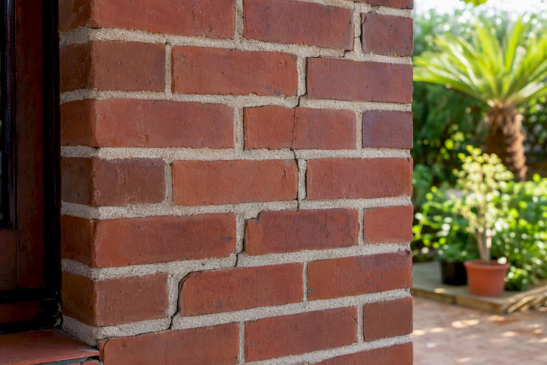 Primer plano de grietas por asentamiento en muro de ladrillo