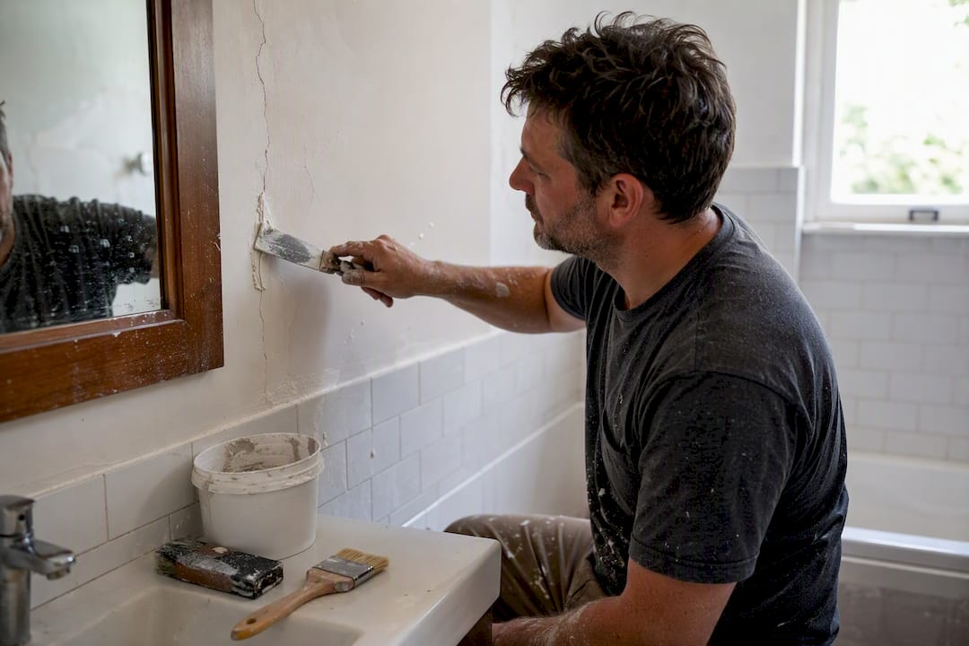 Hombre aplicando yeso en una grieta de la pared