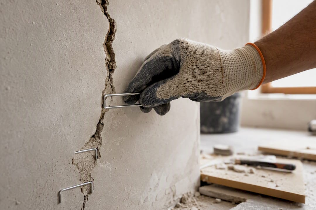 Mano colocando grapas de acero inoxidable en una grieta de la pared
