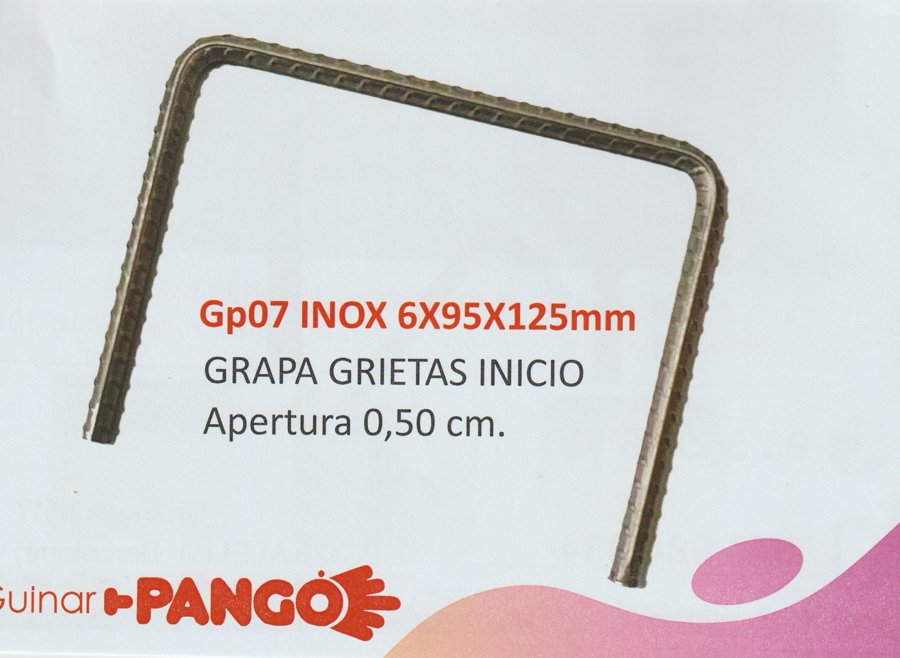 Ficha del catálogo oficial Guinar Pango: grapa GP06 INOX 6x95x125 mm, apertura 0,50 cm